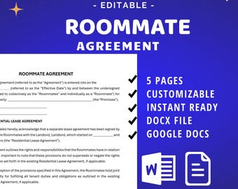 Roommate Agreement, Share-housing Contract, editable template, Docx, Google Docs