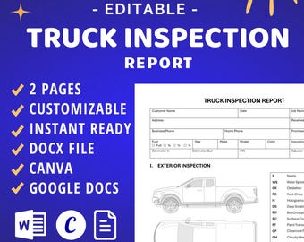 Truck Inspection Report with Truck Plan Drawing, Vehicle Inspection Form, Exterior Interior Inspection, Docx, Canva, Docs Editable Template