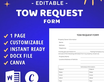 Tow Request Form for Towing Company, for Private Property, Wrecker Service Business Template