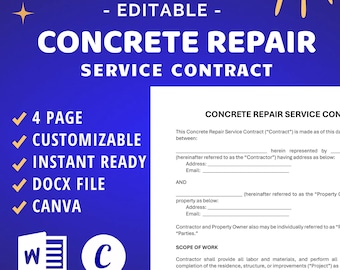 Concrete Repair Service Contract Agreement, Cement Work Maintenance, Editable Template, Docx, Canva