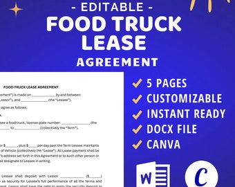 Food Truck Lease Agreement Template, Editable Vehicle Rental (Docx, Canva)
