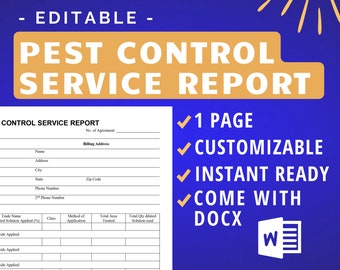 May include: A blue and yellow printable pest control service report template with a checkmark next to the words "1 Page", "Customizable", "Instant Ready", and "Come with Docx". The template includes fields for customer information, service details, and solution applied.