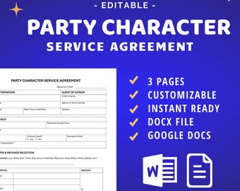 Party Character Service Agreement, Professional Performer Contract, Event Business, editable template, Docx, Google Docs