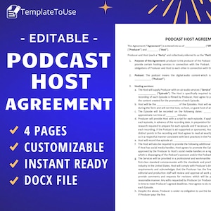 Podcast Host Agreement, Business Contract, Editable Template, Docx