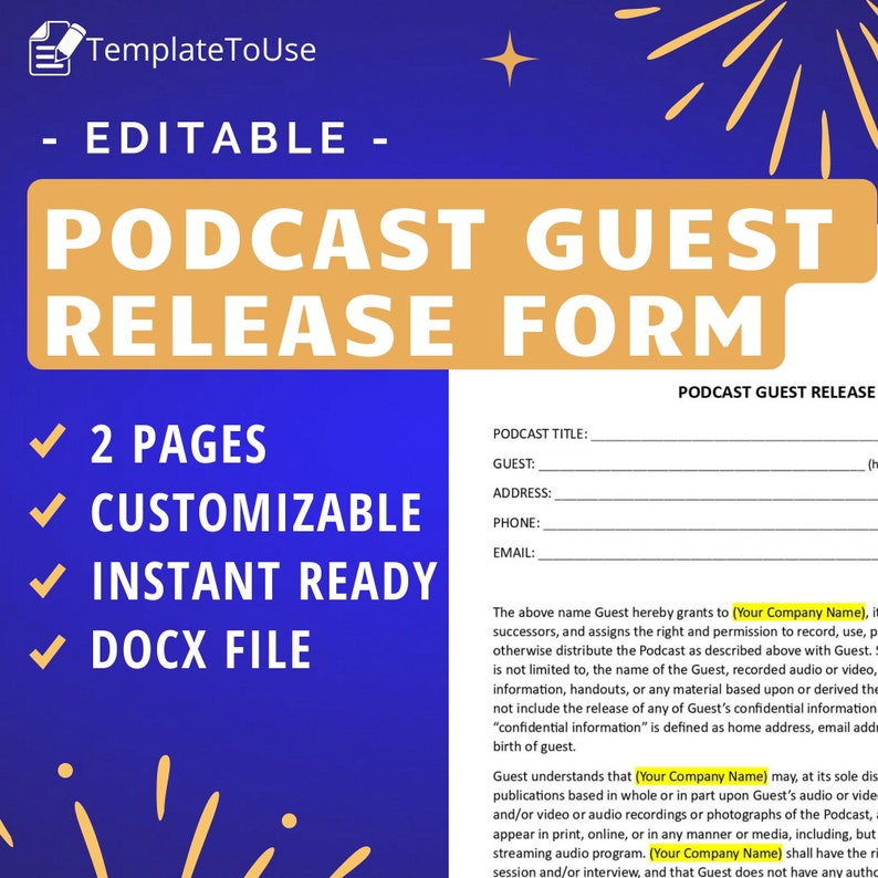 Podcast Guest Release Form Podcast Guest Agreement Contract Editable Podcast Guest Release Form Podcast Guest Agreement Contract Editable