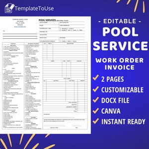 Swimming Pool Service Work Order Invoice, Pool Maintenance, Pool Cleaning, Pool Care, Pool Business, Pool Checklist, Editable Template