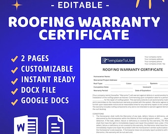 Roofing Warranty Certificate, Workmanship Warranty Template for Contractor, Editable Roofer Business Form, Docx, Google Docs