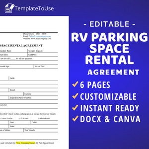 RV Parking Space Rental Agreement, Recreational Vehicle Park Lease Contract, Editable Template, Docx, Canva