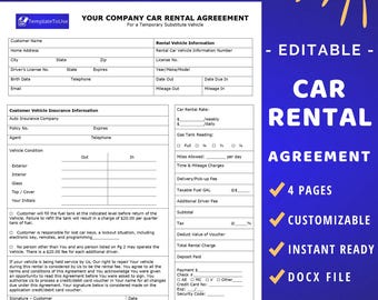 Car Rental Agreement Template, Vehicle Lease Contract, Self-Drive Car Business Form, Editable Docx