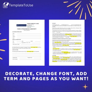 Vehicle Wrap Service Agreement for Off-site Installation, Car Inspection Form, Vinyl Wrap Service Contract, Editable Template, Docx, Canva
