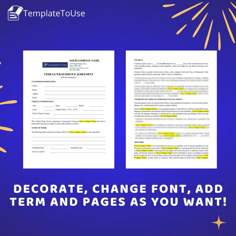 Vehicle Wrap Service Agreement for Off-site Installation, Car Inspection Form, Vinyl Wrap Service Contract, Editable Template, Docx, Canva