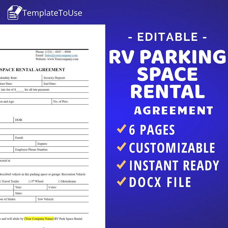 RV Parking Space Rental Agreement, Recreational Vehicle Park Lease RV Parking Space Rental Agreement, Recreational Vehicle Park Lease