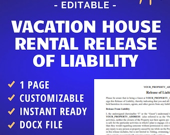 Vacation House Release of Liability, Release of Liability for Rental Property, Liability Waiver, Editable Template, Docx