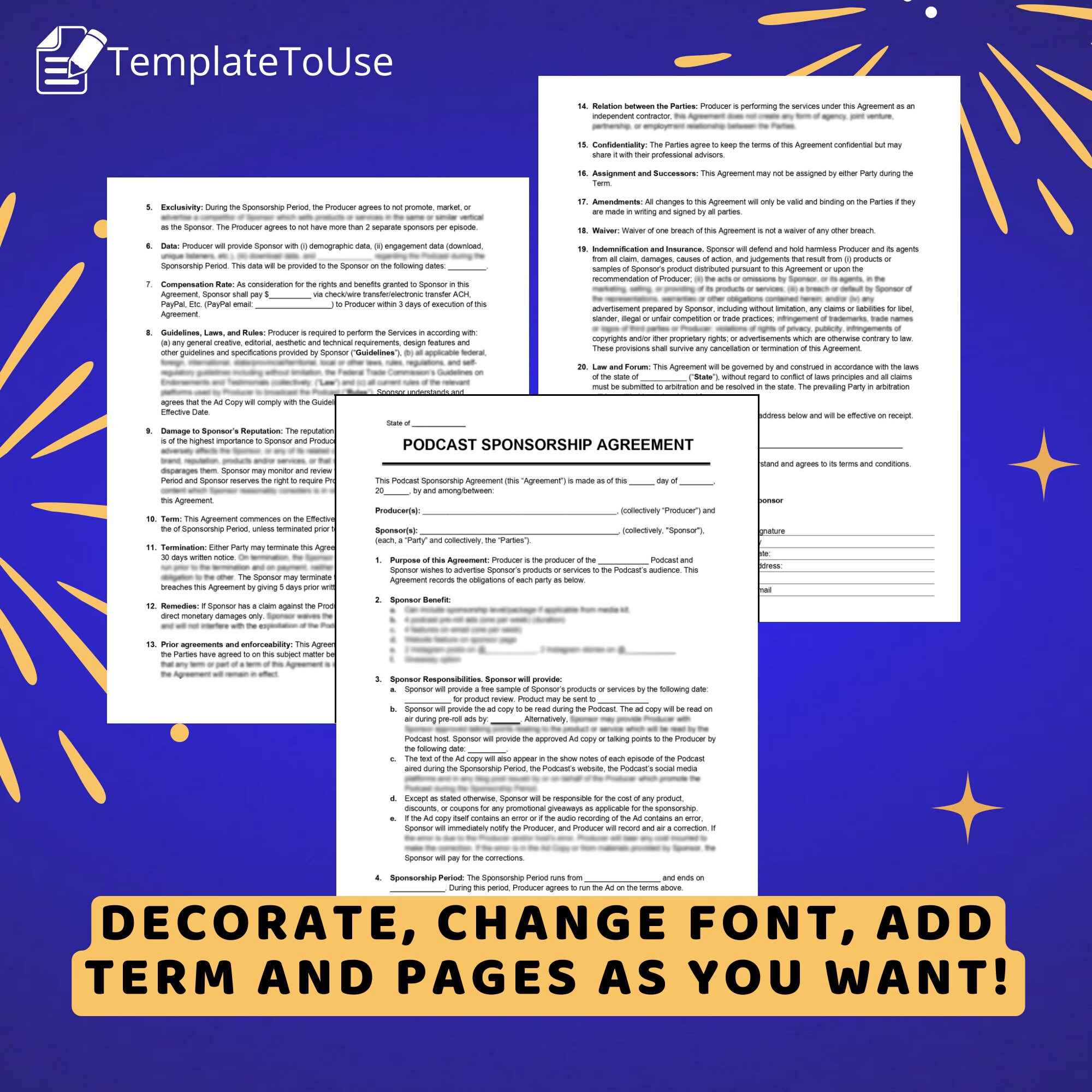 Podcast Sponsorship Agreement, Advertisement Contract, Editable