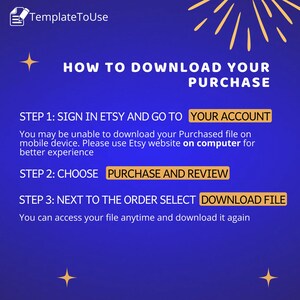 May include: A blue graphic with white text explaining how to download a purchase from Etsy. The text says "How to Download Your Purchase" and includes steps to sign in to Etsy, choose "Purchase and Review", and select "Download File" next to the order.