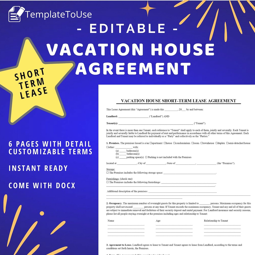 Vacation House Lease Agreement, Airbnb Short Term Rental Agreement ...