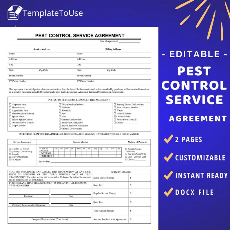 Pest Control Service Agreement for Your Pest Control Business - Etsy