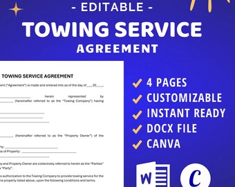 Towing Service Agreement Template, Wrecker Service Contract (Editable Docx, Canva)