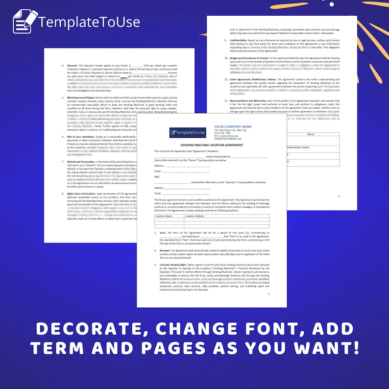 Vending Machine Location Agreement Contract, Editable Template Etsy