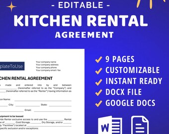 Kitchen Rental Agreement Template, Editable Commercial Kitchen Contract (Docx, Google Docs)