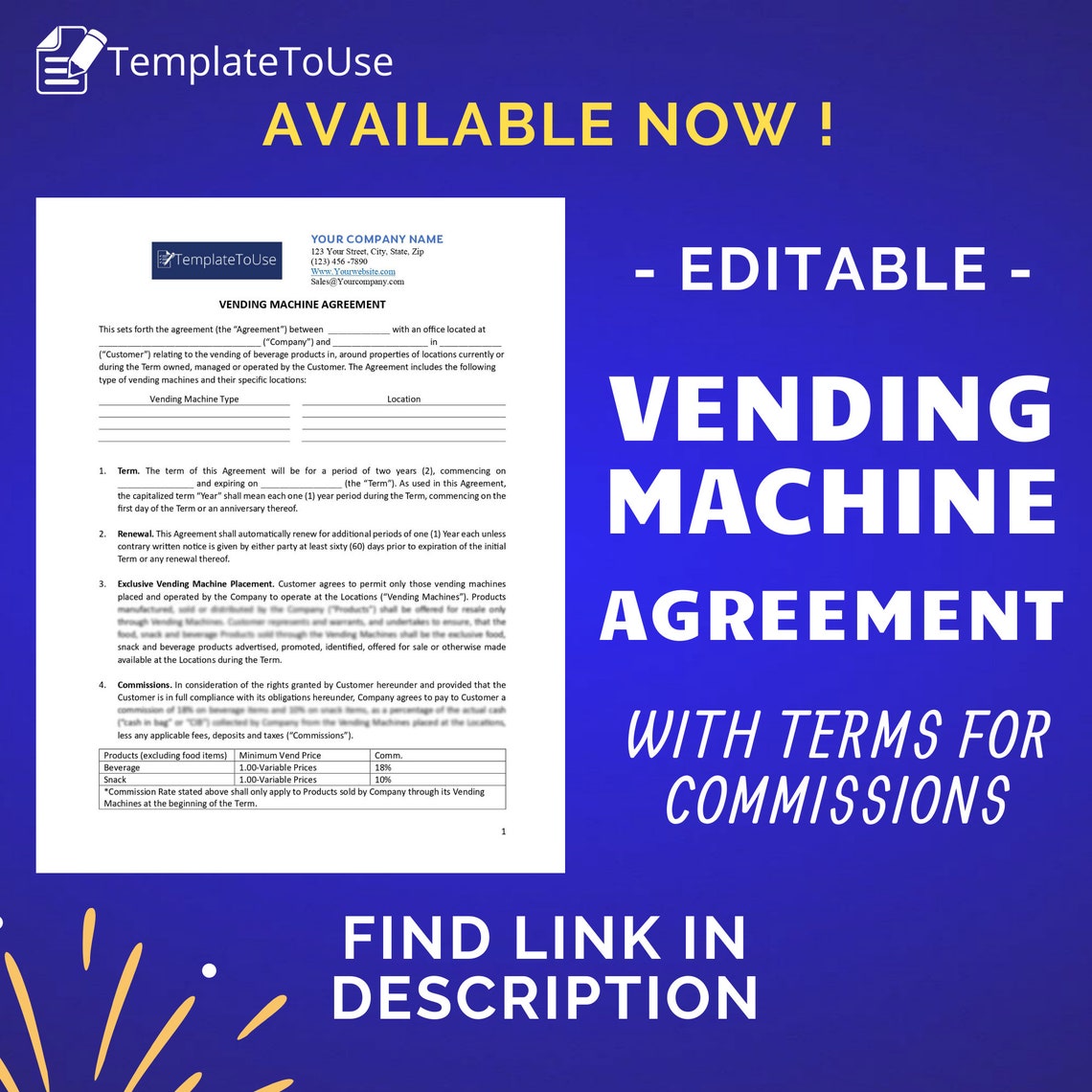 Vending Machine Location Agreement Contract, Editable Template Etsy