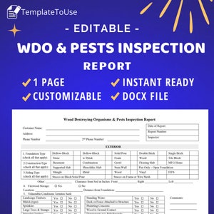 Könnte beinhalten: Ein blau-weißes Dokument mit dem Titel "WDO & PESTS INSPECTION REPORT" mit editierbaren Feldern. Das Dokument enthält Abschnitte für Kundeninformationen, Außendetails und die Bewertung der Termitenanfälligkeit. Das Dokument ist 1 Seite, anpassbar, sofort einsatzbereit und eine DOCX-Datei.