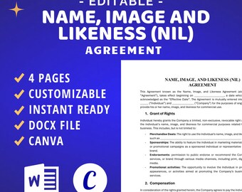 Name, Image, and Likeness Agreement, NIL Contract, Business Templates, Docx, Canva