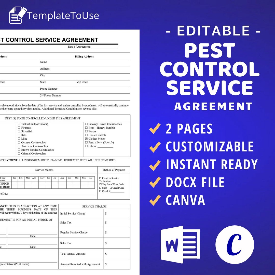 Pest Control Service Agreement for Your Pest Control Business, Editable Pest Control Service Agreement for Your Pest Control Business, Editable
