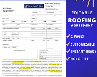 Roofing Agreement Contract, Roofing Business, Service Editable Form Template, Docx, Canva