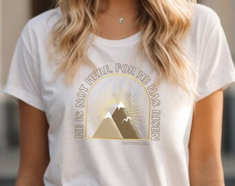 He Has Risen Bella+Canvas 3001 Tshirt, Trendy Christian Easter T-Shirt, He Is Not Here For He Has Risen, Matthew 28:6 Resurrection Shirt