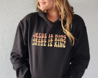 Jesus is King Wavy Retro Text Premium Hoodie, Names of Jesus Clothing for Women, Colorful Jesus Tee, Jesus is Lord of All, Sunset Colors