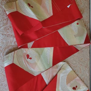 Vintage Red Kimono Obi Sash, Unique Hexagon Design Gold & Green, Japanese Woven Textile Wall Decor, Asian Aesthetic Table Runner