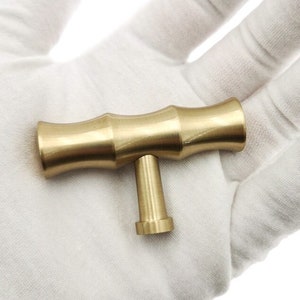 May include: A gold-toned, T-shaped cabinet knob with a bamboo-inspired design. The knob has a smooth, polished finish.