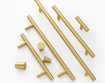 Modern Brushed Brass Cabinet Drawer Dresser Knobs Pulls Gold T Bar Kitchen Cupboard Furniture Copper Long Handles
