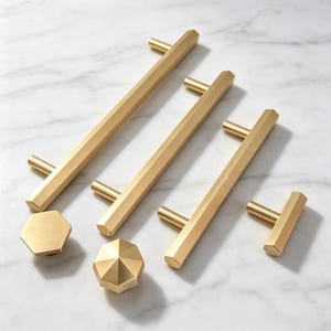 Solid Brass Kitchen Cabinet Knobs and Handles: Hexagon Cupboard Drawer Dresser Pulls