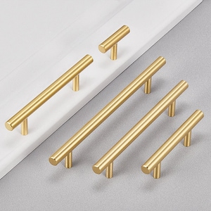 Modern Satin Brass Cabinet Handles Long Gold Furniture Drawer Knobs Pulls Dresser T Bar Kitchen Furniture Dresser Copper Handles
