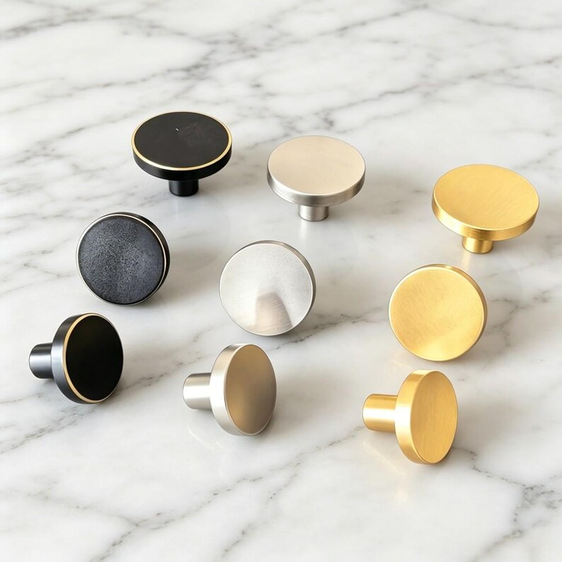 May include: A collection of nine circular cabinet knobs arranged in three rows. The knobs feature three distinct finishes: matte black with gold edges, brushed silver, and brushed gold. Each knob has a flat circular face and a cylindrical base.