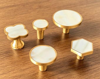 Modern Brass Clover Cabinet Knobs: White Shell Drawer Dresser Pulls