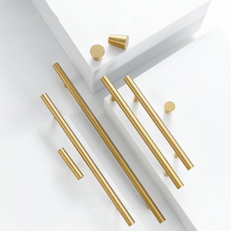 Modern Brushed Brass Cabinet Drawer Dresser Knobs Pulls Gold T Bar ...