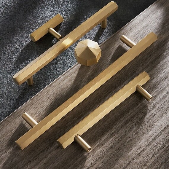 modern gold dresser knobs Akicon Brushed Gold Kitchen T Bar Cabinet Pulls 100% Solid Brass Drawe main image 0