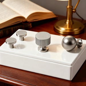 May include: A white rectangular box with four brushed nickel cabinet knobs. Three knobs are round with a flat top, and one is a sphere. The fourth knob has a cylindrical shape with vertical grooves. The knobs are on a white surface.
