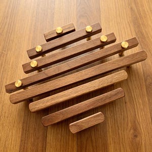 Walnut & Brass Kitchen Cabinet Handles, Vintage Wooden Drawer Pulls
