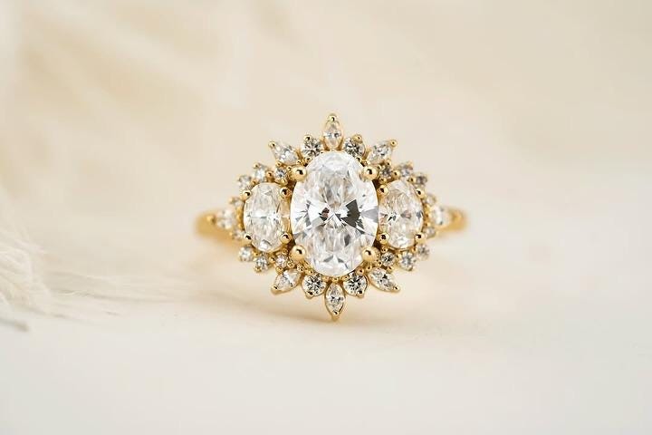 Vintage Oval Cut Lab Grown Diamond Cluster Ring | 3 Stone Engagement Ring | Unique Gold Bridal Ring | Antique Inspired Wedding Jewellery