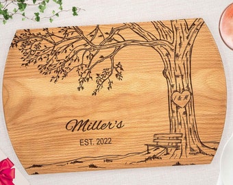 Personalized engraved cutting board tree with initials inside a carved heart Couples gift for wedding gift for anniversary Family name