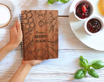 Personalized Wood Spiral Recipe Notebook Birthday Gift for Her Custom CookBook Personalzied Recipe Book Wooden Spiral Notebook Cooking Gift