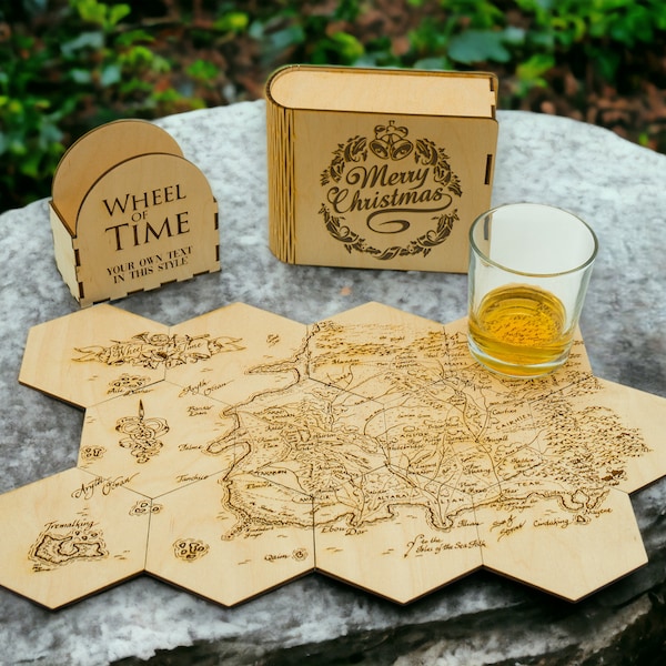 Rad der Zeit 12-er Set Untersetzer Westlande Landkarte Puzzle Wheel of Time sperrholz Getränkehalter 12 teilig mit Halter und Geschenkbox