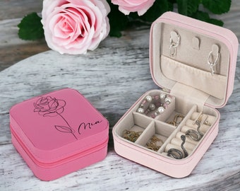 Custom Travel Jewelry Box Personalized Gifts for Her Birth Flower Jewelry Engraved Jewelry Case Birthday Gift for Women Jewelry Organizer