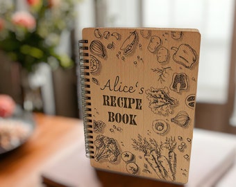 Carnet de recettes personnalisé en spirale en bois Livre blanc/doublé Cadeau pour maman Livre de cuisine en bois Cadeau de fête des mères Journal gravé personnalisé pour maman