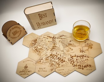 Seigneur des Anneaux - Middle Earth Map Coasters Set de 12, Puzzle LOTR, Drink Coasters,, Porte-gobelet, Sous-verres gravés personnalisés pour les fans de LOTR