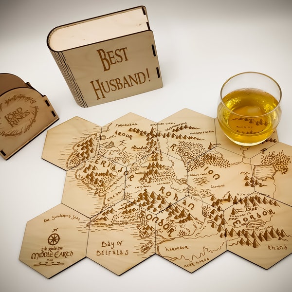 El Señor de los Anillos - Juego de posavasos de mapa de la Tierra Media de 12, Puzzle LOTR, Posavasos para bebidas, Portavasos, Posavasos grabado personalizado para fanáticos de LOTR